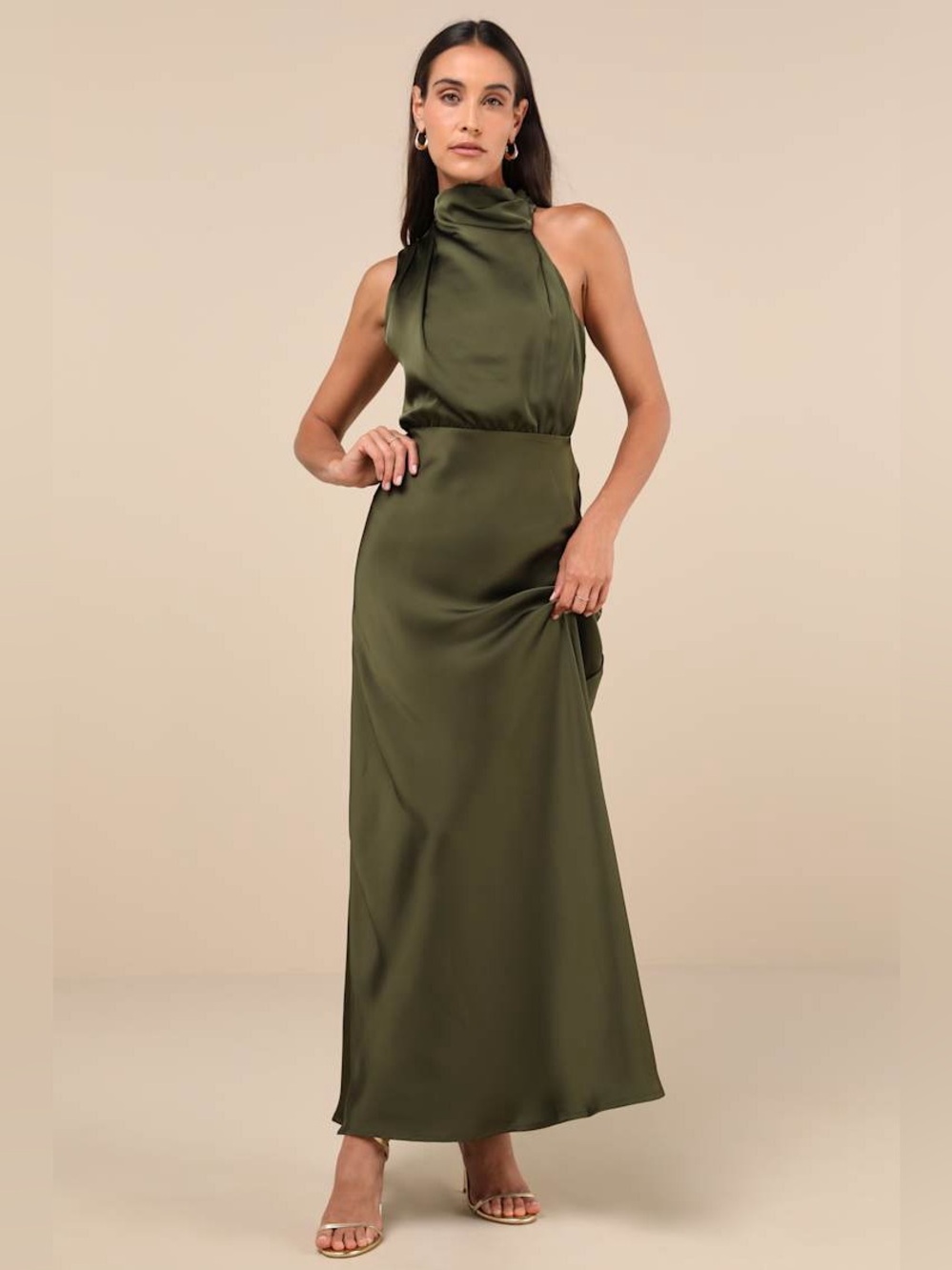 NWT Lulus Distinctive Charm Olive Green Satin Asymmetrical Maxi Dress Sz Medium